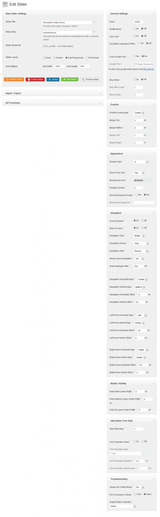 Options for the revoultion slider