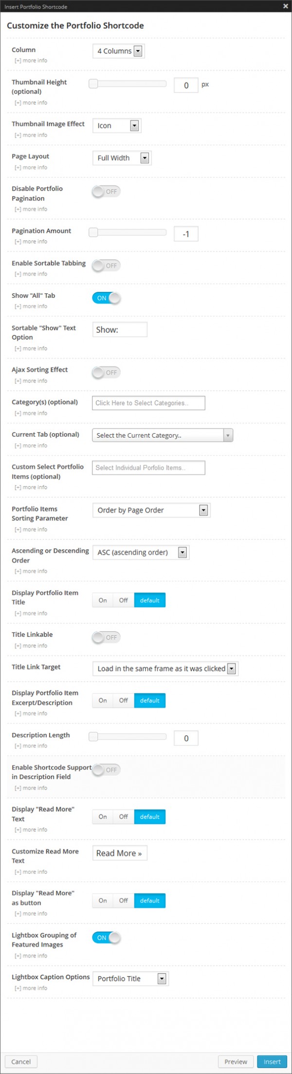 Portfolio Shortcode Options Panel