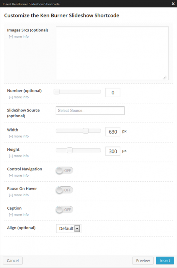 Kenburner Shortcode Options Panel